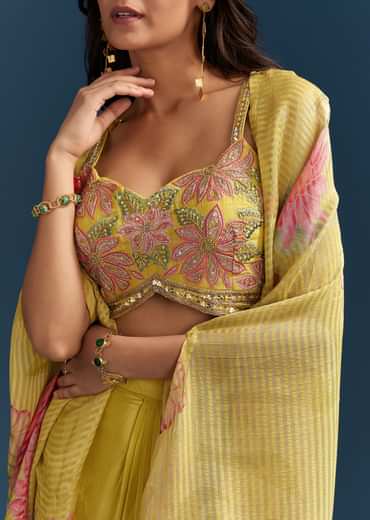 Yellow Crop Top Skirt With Floral Cape And Resham Detailing
