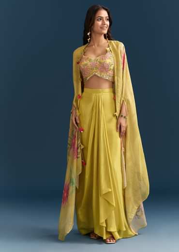 Yellow Crop Top Skirt With Floral Cape And Resham Detailing