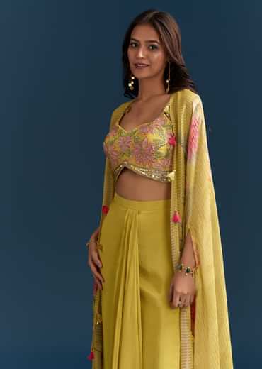 Yellow Crop Top Skirt With Floral Cape And Resham Detailing