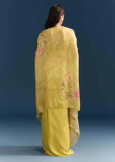 Yellow Crop Top Skirt With Floral Cape And Resham Detailing