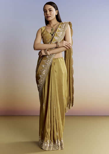 Yellow Crush Tissue Saree With Gota Zari And Beads Embroidery