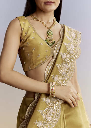 Yellow Crush Tissue Saree With Gota Zari And Beads Embroidery