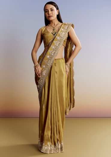 Yellow Crush Tissue Saree With Gota Zari And Beads Embroidery