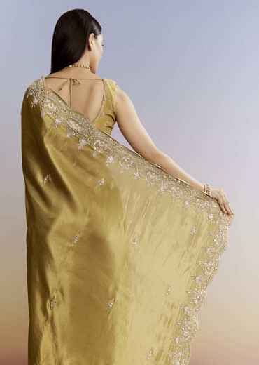 Yellow Crush Tissue Saree With Gota Zari And Beads Embroidery
