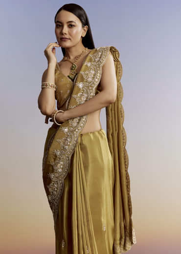 Yellow Crush Tissue Saree With Gota Zari And Beads Embroidery