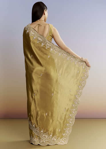 Yellow Crush Tissue Saree With Gota Zari And Beads Embroidery