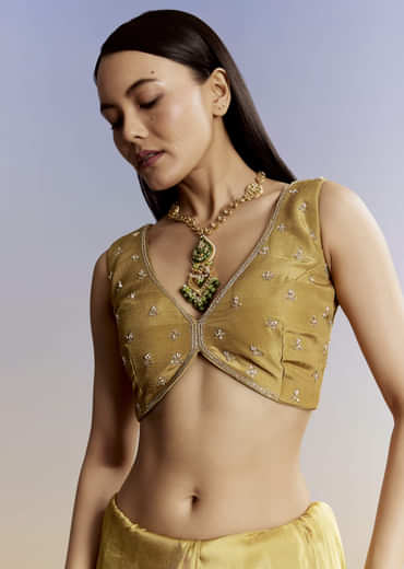 Yellow Crush Tissue Saree With Gota Zari And Beads Embroidery