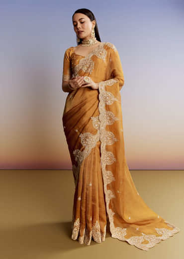 Yellow Crush Tissue Saree With Heavy Embroidered Border And Blouse