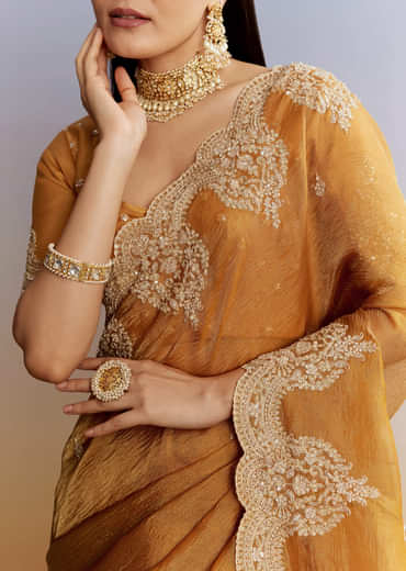 Yellow Crush Tissue Saree With Heavy Embroidered Border And Blouse
