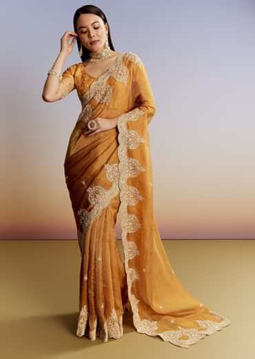 Yellow Crush Tissue Saree With Heavy Embroidered Border And Blouse