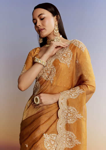 Yellow Crush Tissue Saree With Heavy Embroidered Border And Blouse