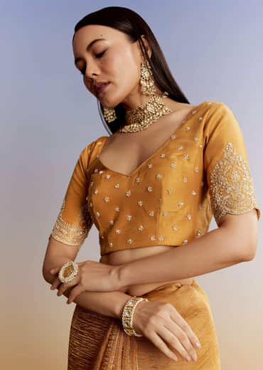 Yellow Crush Tissue Saree With Heavy Embroidered Border And Blouse