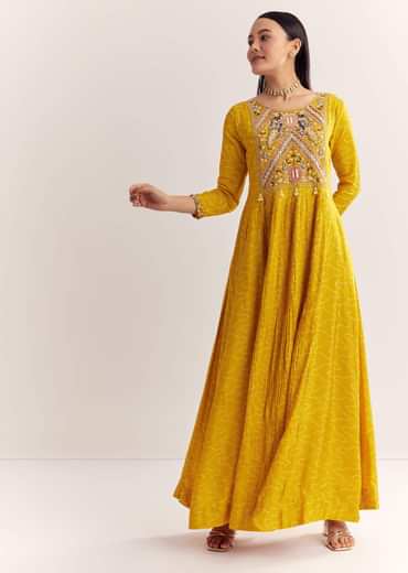 Yellow Dola Silk Gown With Embroidery