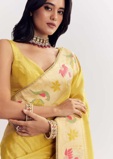 Yellow Dola Silk Paithani Saree With Dollar Butti And Multicolor Motif
