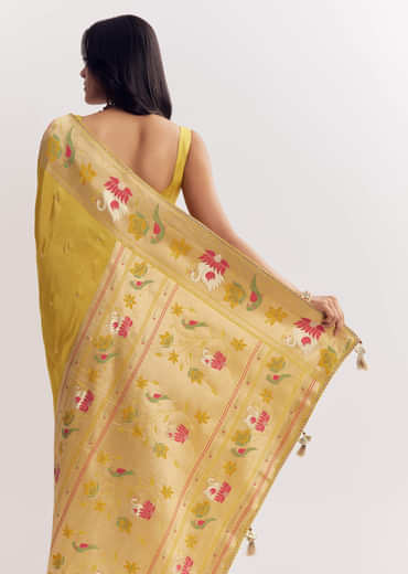 Yellow Dola Silk Paithani Saree With Dollar Butti And Multicolor Motif