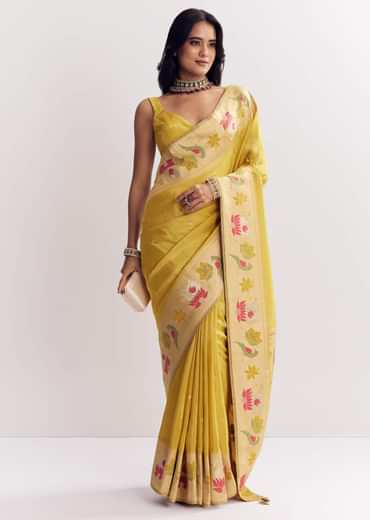 Yellow Dola Silk Paithani Saree With Dollar Butti And Multicolor Motif