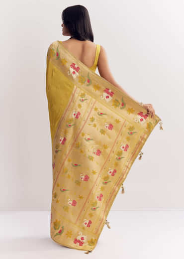 Yellow Dola Silk Paithani Saree With Dollar Butti And Multicolor Motif