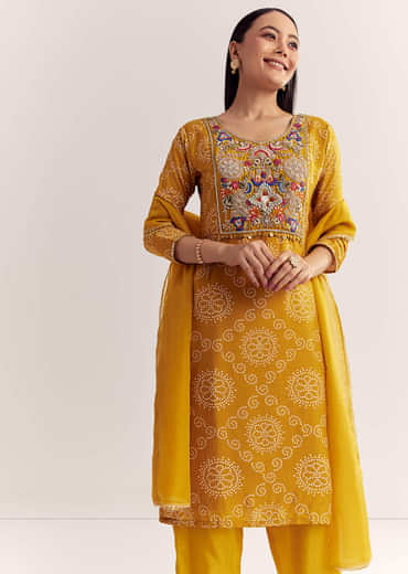 Yellow Dola Silk Printed Kurta Dupatta Set With Embroidered Neckline