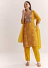 Yellow Dola Silk Printed Kurta Dupatta Set With Embroidered Neckline