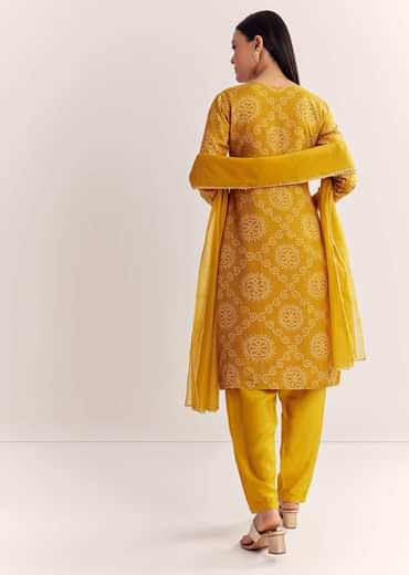 Yellow Dola Silk Printed Kurta Dupatta Set With Embroidered Neckline