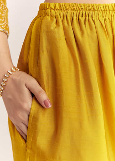 Yellow Dola Silk Printed Kurta Dupatta Set With Embroidered Neckline