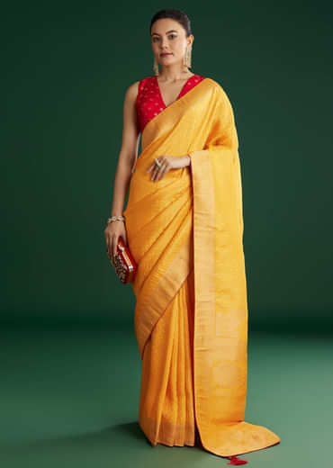 Yellow Dola Silk Saree With Butti Weave