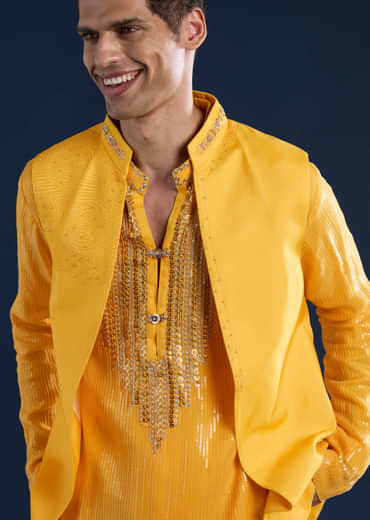 Yellow Embellished Kurta and Jacket Set