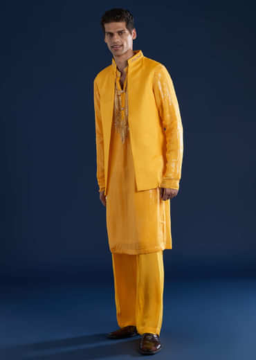 Yellow Embellished Kurta and Jacket Set