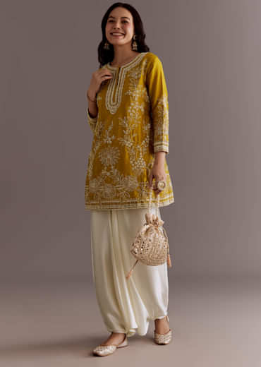 Yellow Embroidered Short Kurta With Silk Satin Dhoti