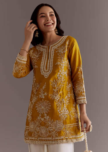 Yellow Embroidered Short Kurta With Silk Satin Dhoti