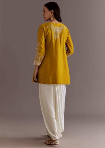 Yellow Embroidered Short Kurta With Silk Satin Dhoti