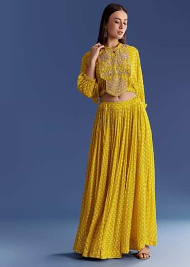 Yellow Floral Georgette Lehenga Set With Zardosi Croptop