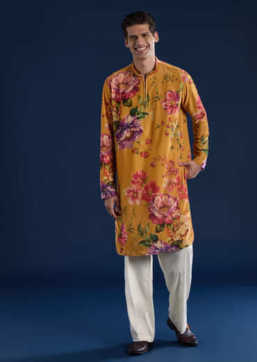 Yellow Floral Print Mens Kurta and Pant Set