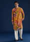 Yellow Floral Print Mens Kurta and Pant Set