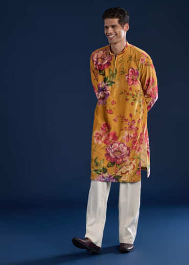 Yellow Floral Print Mens Kurta and Pant Set
