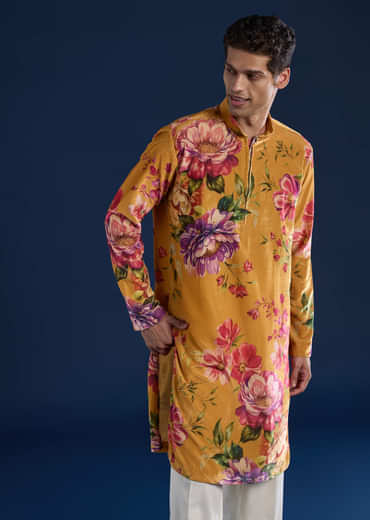 Yellow Floral Print Mens Kurta and Pant Set