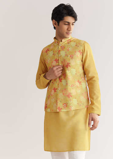 Yellow Floral Printed Jacket Kurta Set