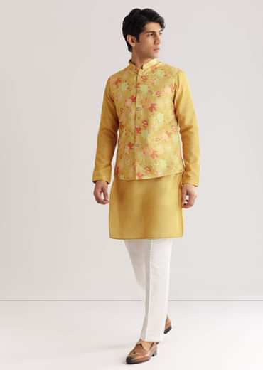 Yellow Floral Printed Jacket Kurta Set