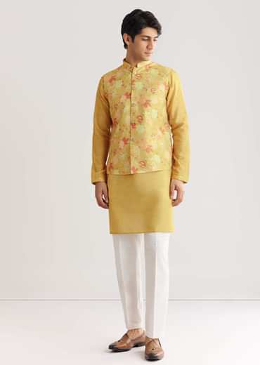 Yellow Floral Printed Jacket Kurta Set