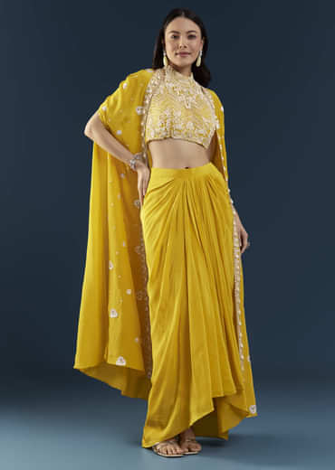 Yellow Fusion Crop Top Skirt Set with Cape