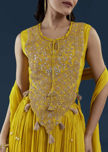 Yellow Fusion Crop Top Skirt Set with Zardozi Work