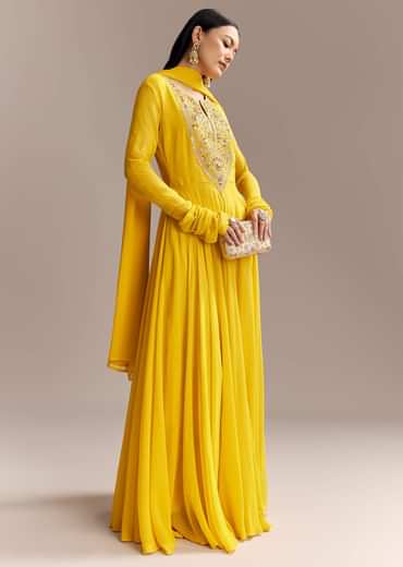 Yellow Georgette Anarkali Suit With Zari And Resham Work