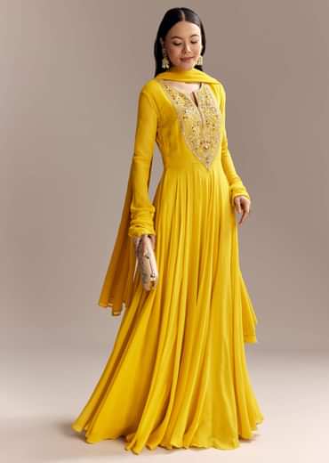 Yellow Georgette Anarkali Suit With Zari And Resham Work