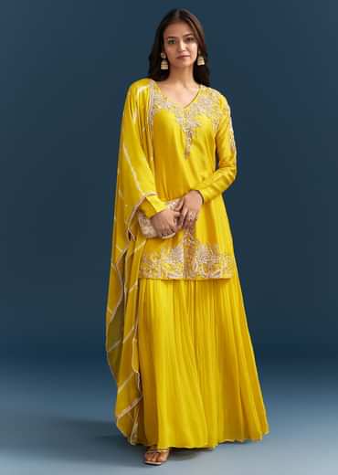 Yellow Georgette Kurta Skirt Set With Sequins Work And Dupatta