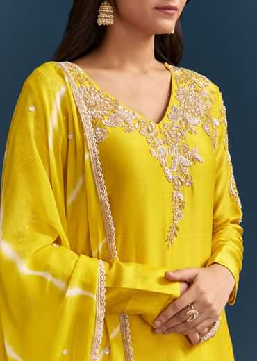 Yellow Georgette Kurta Skirt Set With Sequins Work And Dupatta