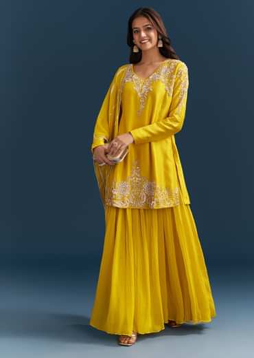 Yellow Georgette Kurta Skirt Set With Sequins Work And Dupatta