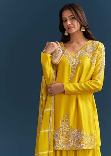 Yellow Georgette Kurta Skirt Set With Sequins Work And Dupatta