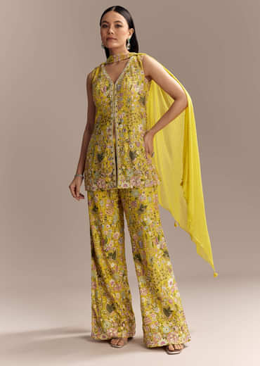 Yellow Georgette Palazzo Suit With Heavy Sequins And Resham Work