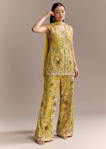 Yellow Georgette Palazzo Suit With Heavy Sequins And Resham Work