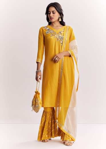 Yellow Gotta Work Kurta Sharara Suit In Russian Silk